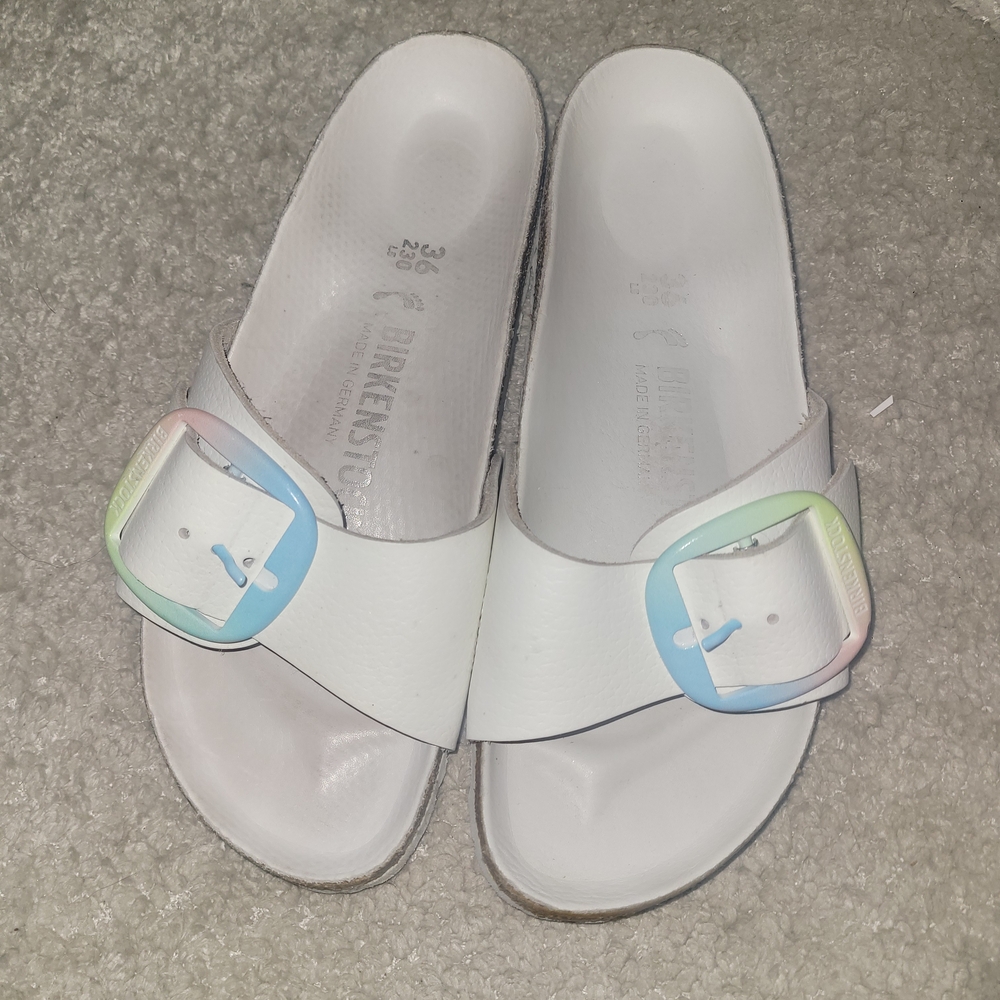 Birkenstock Kids White Sandals with Rainbow Buckle
